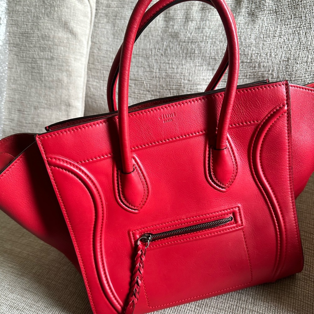 Celine Luggage Phantom Medium Leather Handbag Red